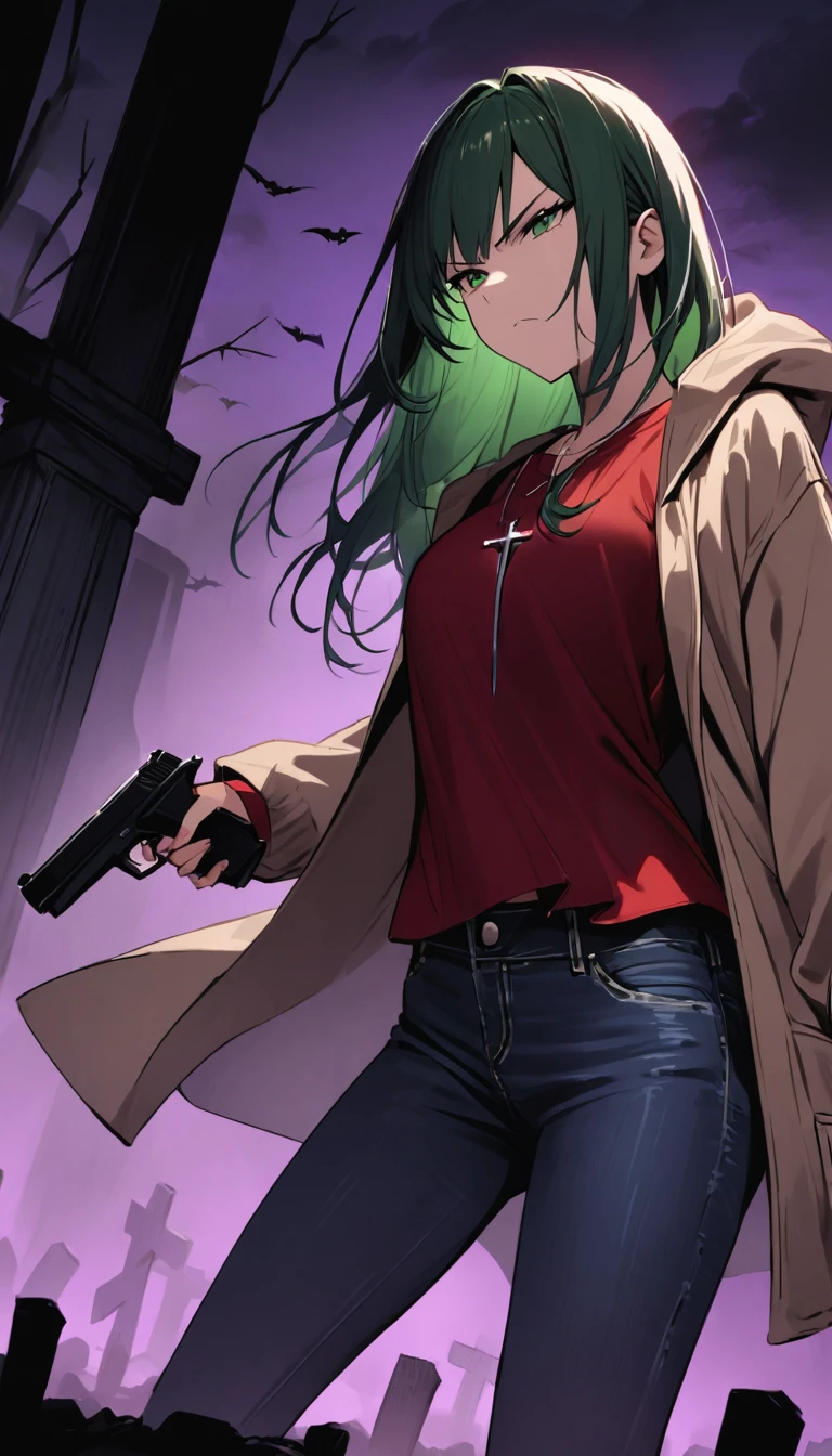 (masterpiece)、(absurdres)、(ultra detailed)、long shot,(shiny dark green hair)、(solo girl)、(dark green eyes)、 breast:0.8,(straight long hair)、BREAK,(casual beige jacket)、(red Tshirt)、(denim JEANS)、Cross Necklace:0.9、BREAK,Holding a handgun in your hand:1.2,Defensive Pose、angry,serious,half-closed eyes,dynamic angle,closed mouth,cowboy shot,side view:1.2,A dark graveyard at night filled with monsters and demons:1.1、darkness,no lighting,purple fog:1.05、
