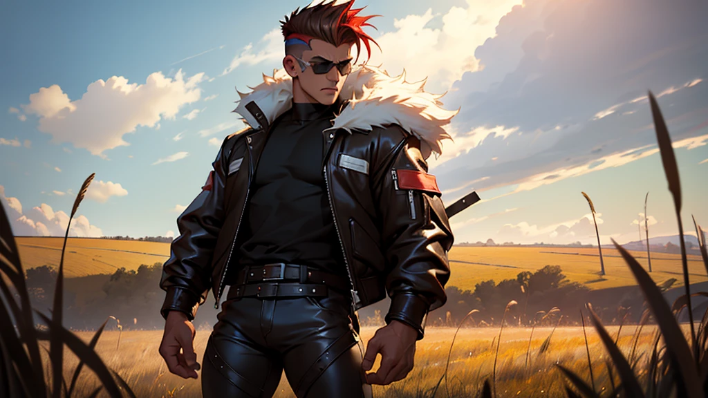 4k ultra high quality, human man, square jaw, red goggles over his eyes, white high top hair cut hair shaved on the sides, brown bomber leather jacket with white fur collar, black shirt and pants, distraught look on his face shouting, standing in field of mud tall yellow grass