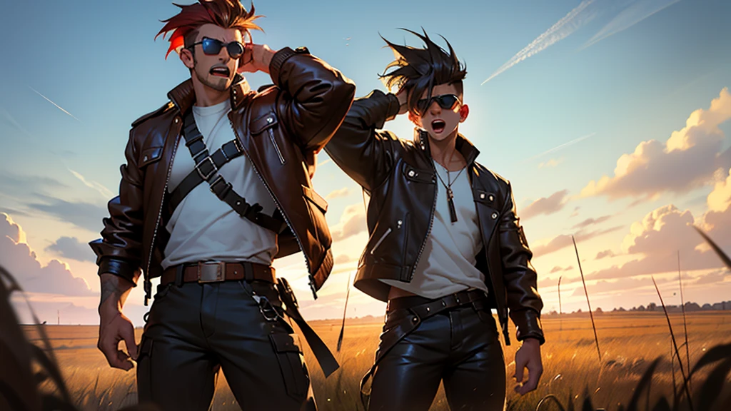 4k ultra high quality, human man, square jaw, red goggles over his eyes, white high top hair cut hair shaved on the sides, brown bomber leather jacket with white fur collar, black shirt and pants, distraught look on his face shouting, standing in field of mud tall yellow grass