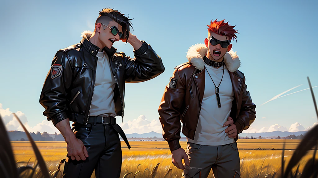 4k ultra high quality, human man, square jaw, red goggles over his eyes, white high top hair cut hair shaved on the sides, brown bomber leather jacket with white fur collar, black shirt and pants, distraught look on his face shouting, standing in field of mud tall yellow grass
