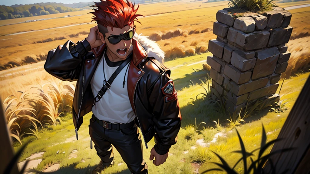 4k ultra high quality, human man, square jaw, red goggles over his eyes, white high top hair cut hair shaved on the sides, brown bomber leather jacket with white fur collar, black shirt and pants, distraught look on his face shouting, standing in field of mud tall yellow grass