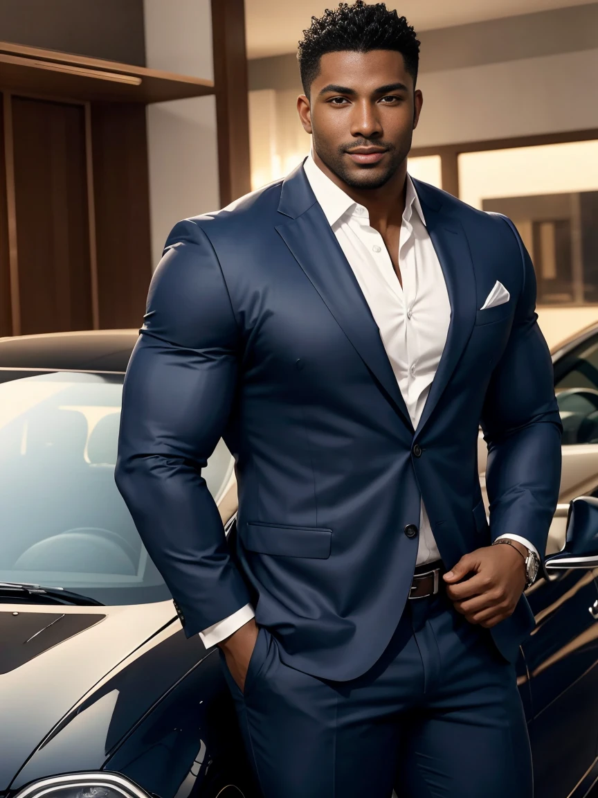 8K,8K resolution,2 Muscular Europeans, handsome man,charming eyes,dark skin,beautiful, smooth and shiny,Full muscles,Thick body hair, (wearing a stylish suit),big bag highlights,Excellent j8,emphasize,Driving a luxury convertible,The car is full of roses,Two men smiling happily,professional lighting,Professional photography,Realistic photos,realistic model,realistic art,Perfect hand details