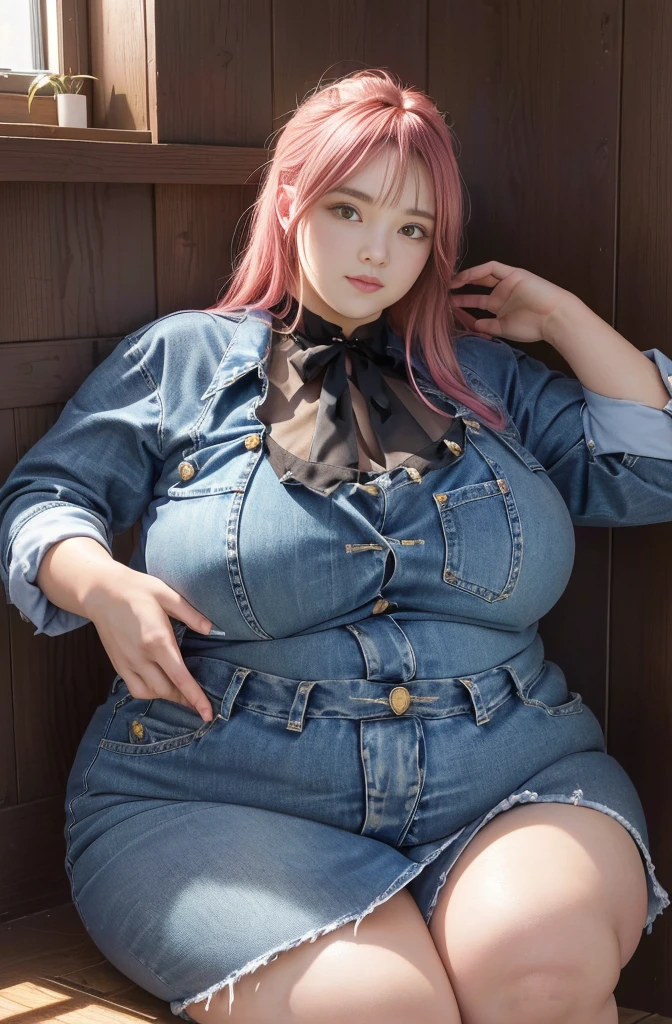 Makima de l'anime "chainsaw man", bbwchan, corps entier, magnifique et ultra détaillée. Ssbbw, obésité morbide, Cheveux rouges, yeux jaunes, visage gras, visage ultra détaillé et doux. Chemise, jupe en jean, pose dynamique, soleil,