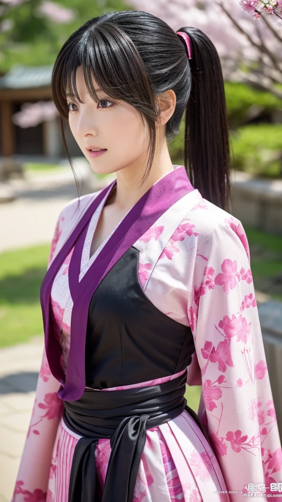 Sakura Jinguji in live action Sakura Wars Long black hair Ponytail Sakura patterned hakama