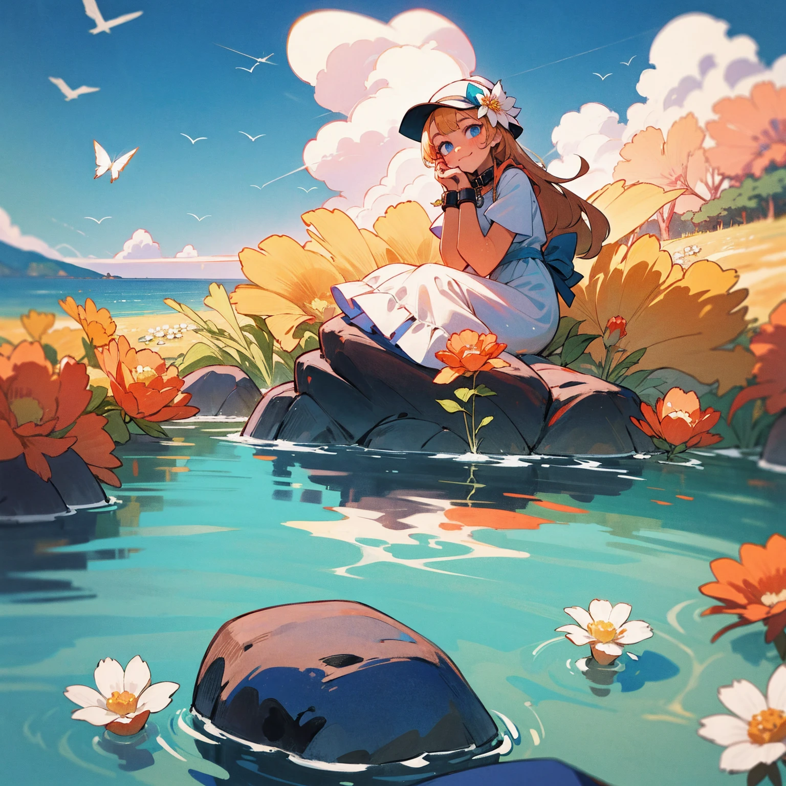 1girl, outdoors, solo, flower, blue eyes, long hair, looking at viewer, long dress, hat, ocean, dress, sitting, white flower, sky, bug, hat flower, day, bangs, butterfly, water, long sleeves, blue sky, rock, cloud, orange dress, blonde hair, horizon, orange headwear, hair ornament, closed mouth, smile, hair flower, short sleeves, looking to the side, bird, scenery, mountainous horizon, red headwear, white dress, Handcuffs on their hands, With a collar around the neck