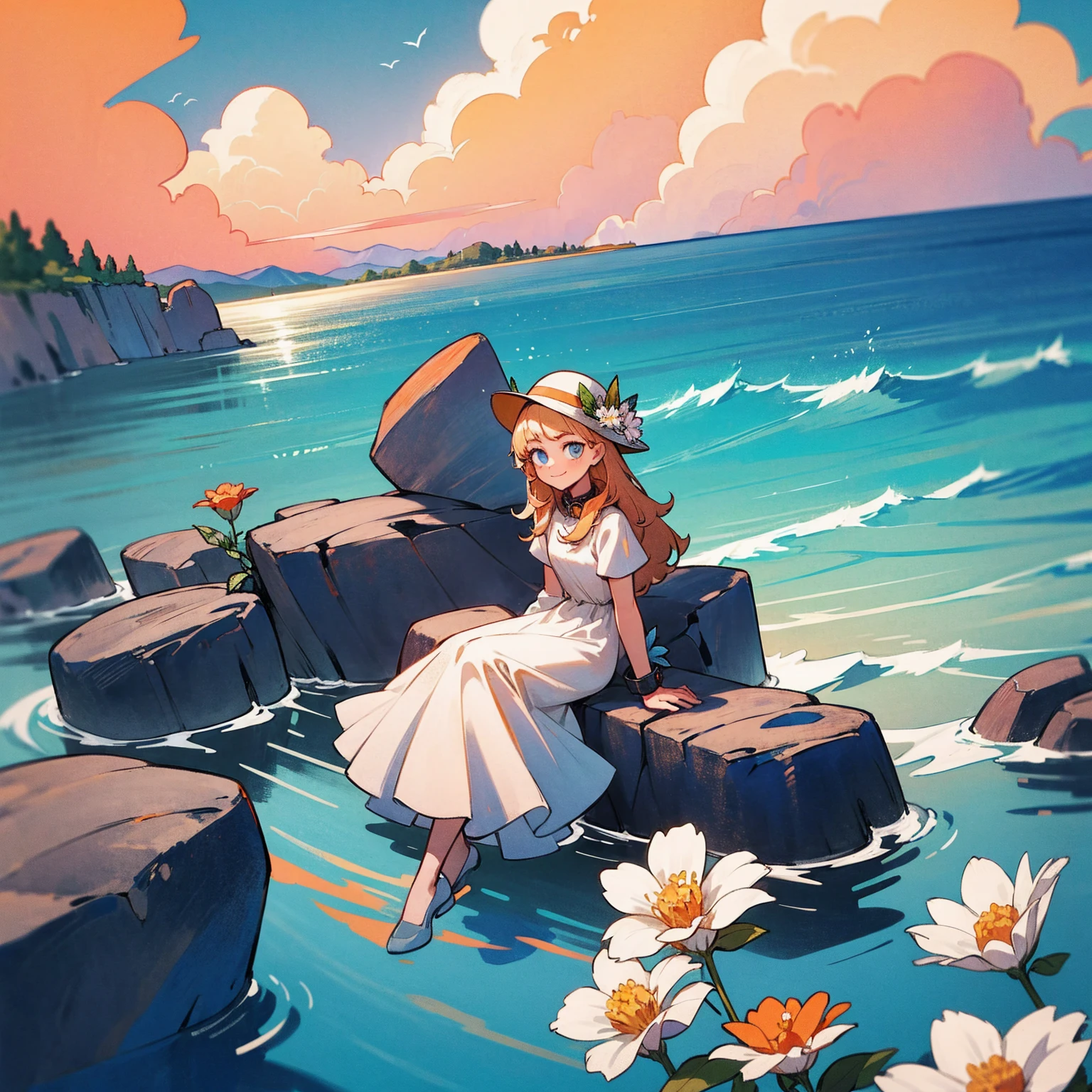 1girl, outdoors, solo, flower, blue eyes, long hair, looking at viewer, long dress, hat, ocean, dress, sitting, white flower, sky, bug, hat flower, day, bangs, butterfly, water, long sleeves, blue sky, rock, cloud, orange dress, blonde hair, horizon, orange headwear, hair ornament, closed mouth, smile, hair flower, short sleeves, looking to the side, bird, scenery, mountainous horizon, red headwear, white dress, Handcuffs on their hands, With a collar around the neck