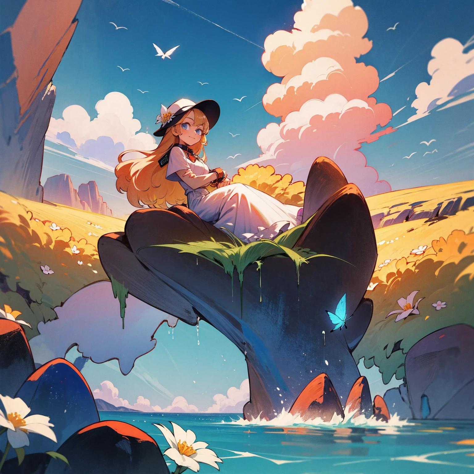 1girl, outdoors, solo, flower, blue eyes, long hair, looking at viewer, long dress, hat, ocean, dress, sitting, white flower, sky, bug, hat flower, day, bangs, butterfly, water, long sleeves, blue sky, rock, cloud, orange dress, blonde hair, horizon, orange headwear, hair ornament, closed mouth, smile, hair flower, short sleeves, looking to the side, bird, scenery, mountainous horizon, red headwear, white dress, Handcuffs on their hands, With a collar around the neck