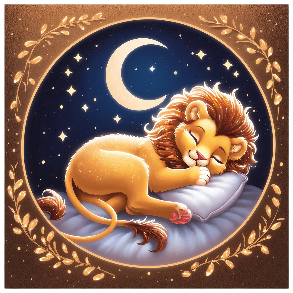 sleeping cute lion under moonlight in glitter painting art style