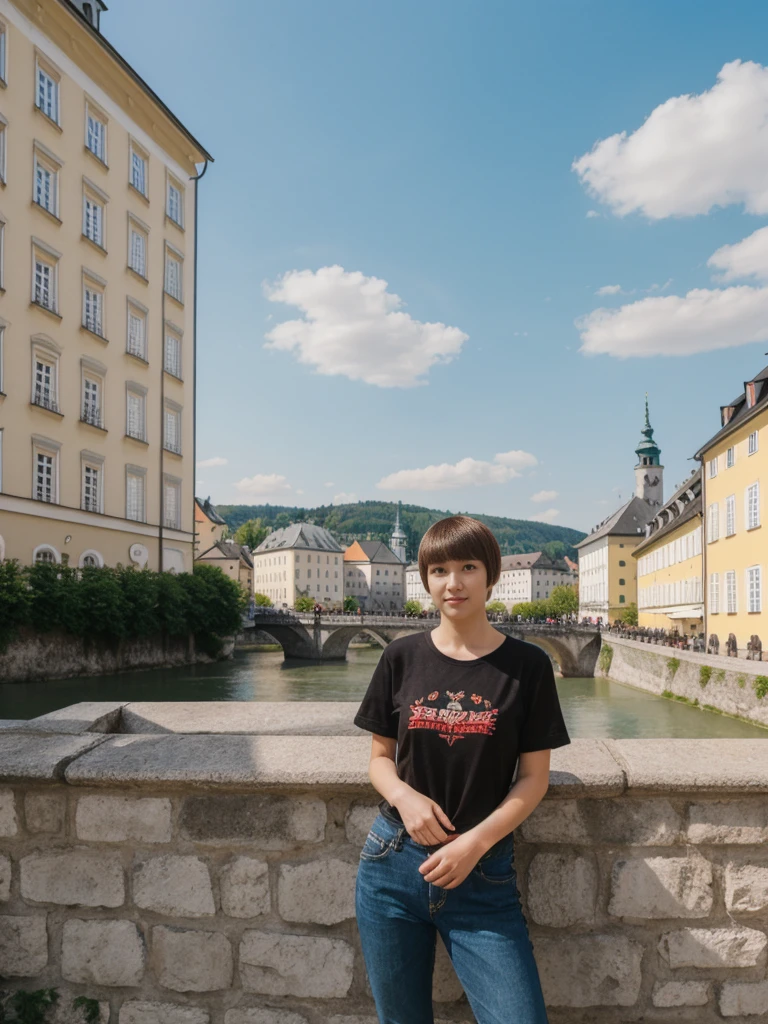 her name is Asako, high quality, 1girl, ((20-year-old fit Caucasian woman)), ((20 years old)), ((slim)), ((Edgy Bowl Cut hair)), pose: standing, wearing edgy Generation-Z modern wear bright colored, BACKGROUND:Your residence is a baroque townhouse with stucco facades and wrought iron railings, overlooking the Salzach River and the Hohensalzburg Fortress.
