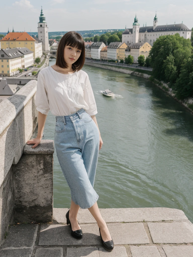 her name is Asako, high quality, 1girl, ((20-year-old fit Caucasian woman)), ((20 years old)), ((slim)), ((Edgy Bowl Cut hair)), pose: standing, wearing edgy Generation-Z modern wear bright colored, BACKGROUND:Your residence is a baroque townhouse with stucco facades and wrought iron railings, overlooking the Salzach River and the Hohensalzburg Fortress.