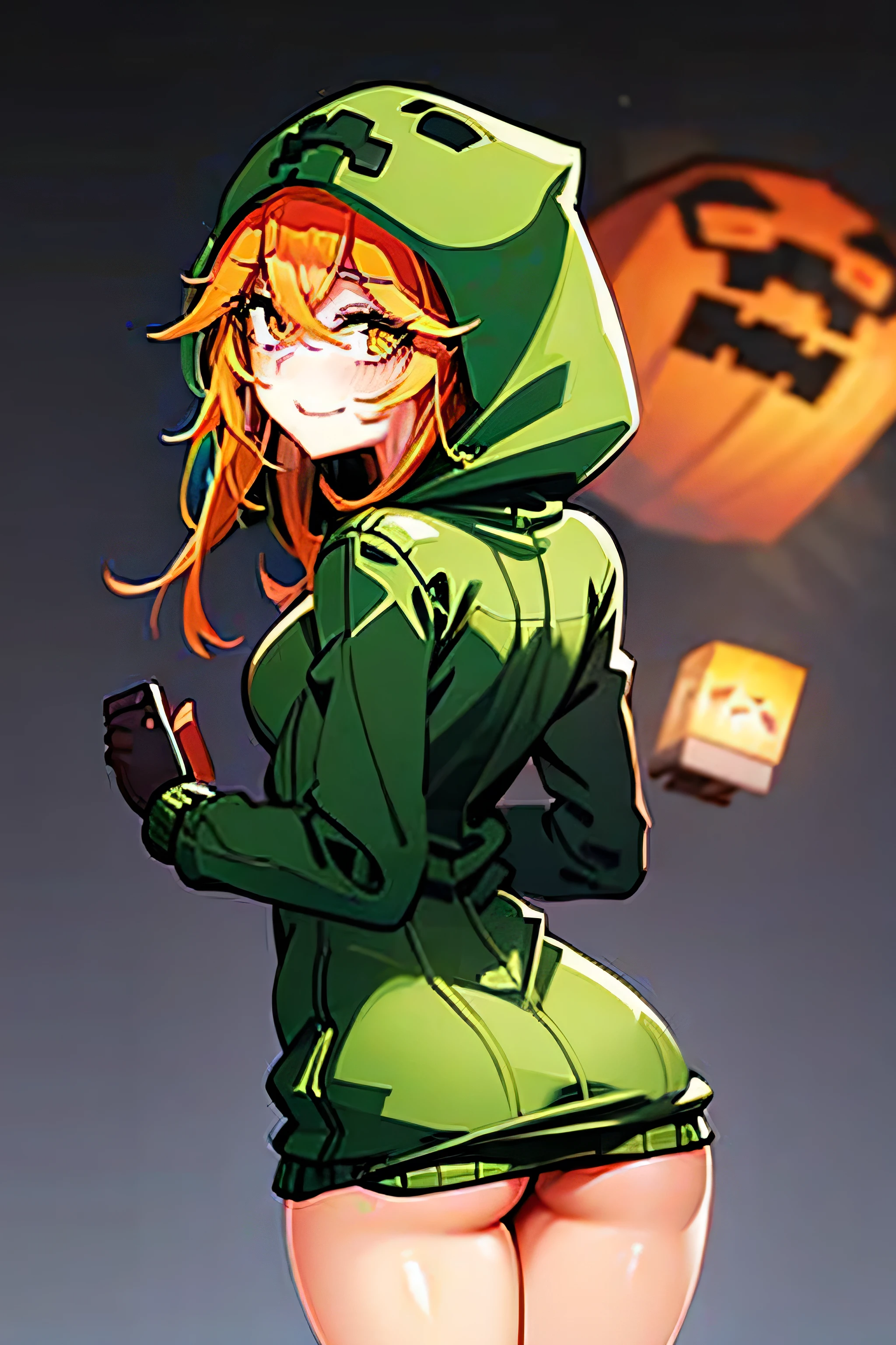 anime girl, creeper girl, orange hair, yellow eyes, blush, cute smile, slim figure, slender legs, long green hoodie, hood, green mini skirt, dark green stockings, black gloves, small breasts, back view