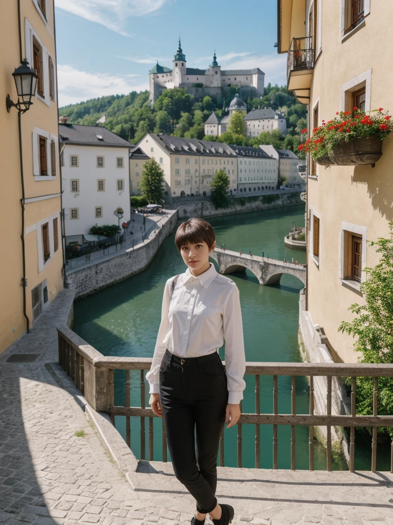 her name is Asako, high quality, 1girl, ((20-year-old fit Caucasian woman)), ((20 years old)), ((slim)), ((Edgy Bowl Cut hair)), pose: standing, wearing edgy Generation-Z modern wear bright colored, BACKGROUND:Your residence is a baroque townhouse with stucco facades and wrought iron railings, overlooking the Salzach River and the Hohensalzburg Fortress.