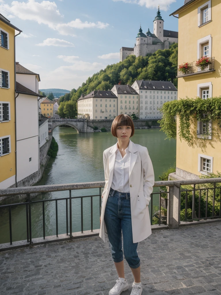 her name is Asako, high quality, 1girl, ((20-year-old fit Caucasian woman)), ((20 years old)), ((slim)), ((Edgy Bowl Cut hair)), pose: standing, wearing edgy Generation-Z modern wear bright colored, BACKGROUND:Your residence is a baroque townhouse with stucco facades and wrought iron railings, overlooking the Salzach River and the Hohensalzburg Fortress.