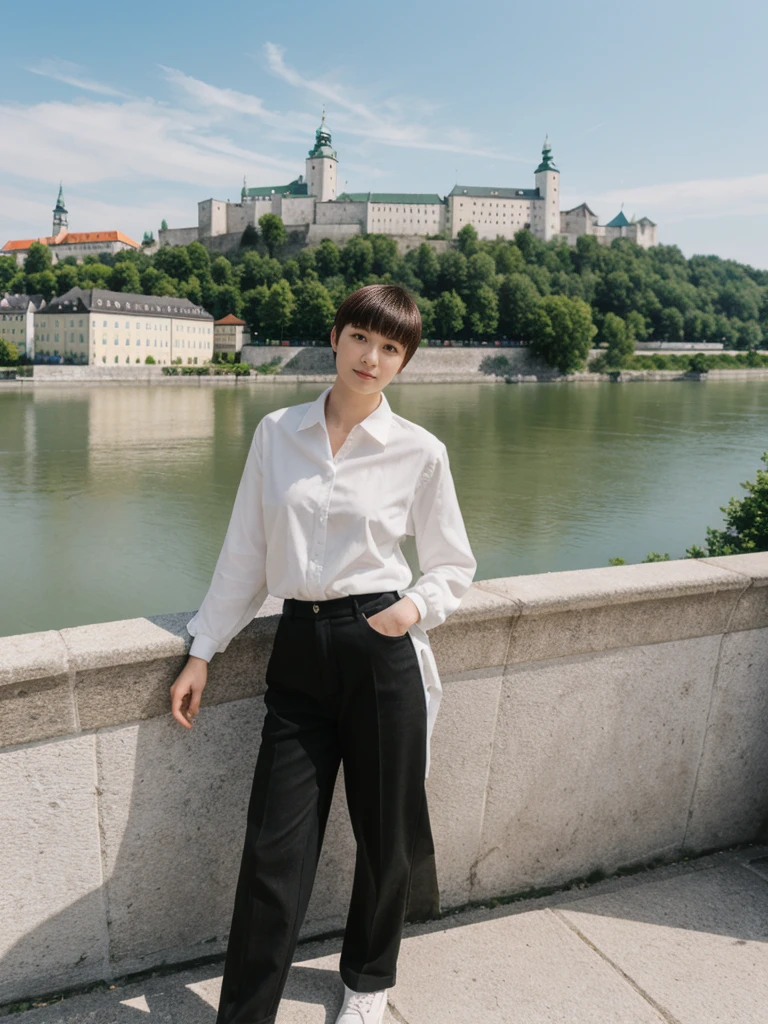 her name is Asako, high quality, 1girl, ((20-year-old fit Caucasian woman)), ((20 years old)), ((slim)), ((Edgy Bowl Cut hair)), pose: standing, wearing edgy Generation-Z modern wear bright colored, BACKGROUND:Your residence is a baroque townhouse with stucco facades and wrought iron railings, overlooking the Salzach River and the Hohensalzburg Fortress.