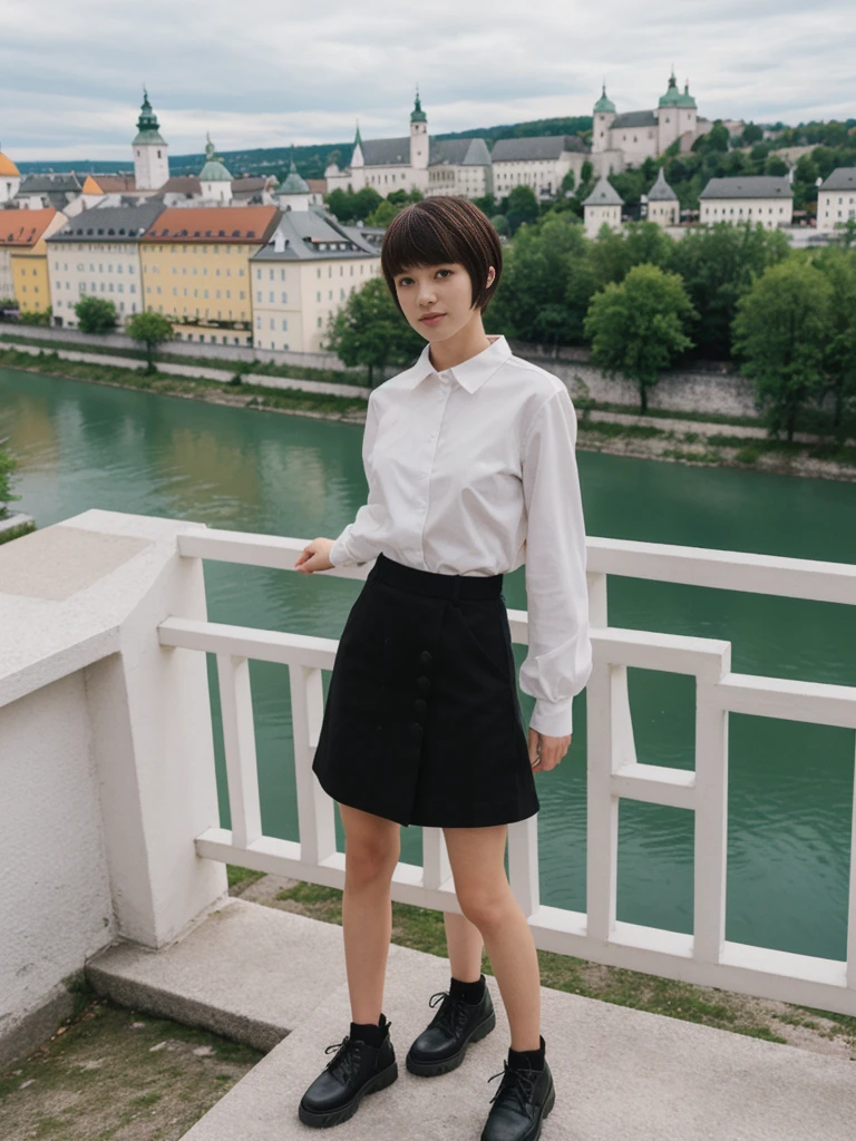 her name is Asako, high quality, 1girl, ((20-year-old fit Caucasian woman)), ((20 years old)), ((slim)), ((Edgy Bowl Cut hair)), pose: standing, wearing edgy Generation-Z modern wear bright colored, BACKGROUND:Your residence is a baroque townhouse with stucco facades and wrought iron railings, overlooking the Salzach River and the Hohensalzburg Fortress.