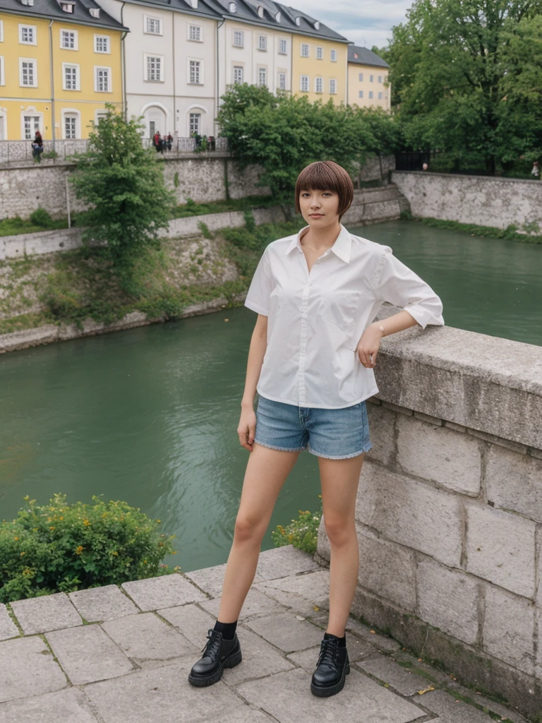 her name is Asako, high quality, 1girl, ((20-year-old fit Caucasian woman)), ((20 years old)), ((slim)), ((Edgy Bowl Cut hair)), pose: standing, wearing edgy Generation-Z modern wear bright colored, BACKGROUND:Your residence is a baroque townhouse with stucco facades and wrought iron railings, overlooking the Salzach River and the Hohensalzburg Fortress.