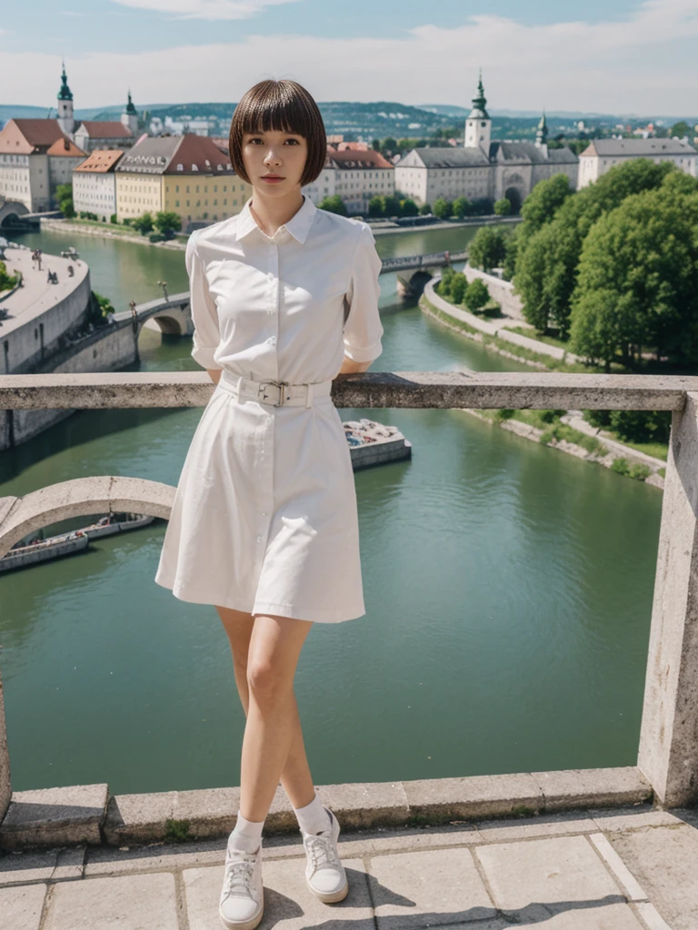 her name is Asako, high quality, 1girl, ((20-year-old fit Caucasian woman)), ((20 years old)), ((slim)), ((Edgy Bowl Cut hair)), pose: standing, wearing edgy Generation-Z modern wear bright colored, BACKGROUND:Your residence is a baroque townhouse with stucco facades and wrought iron railings, overlooking the Salzach River and the Hohensalzburg Fortress.