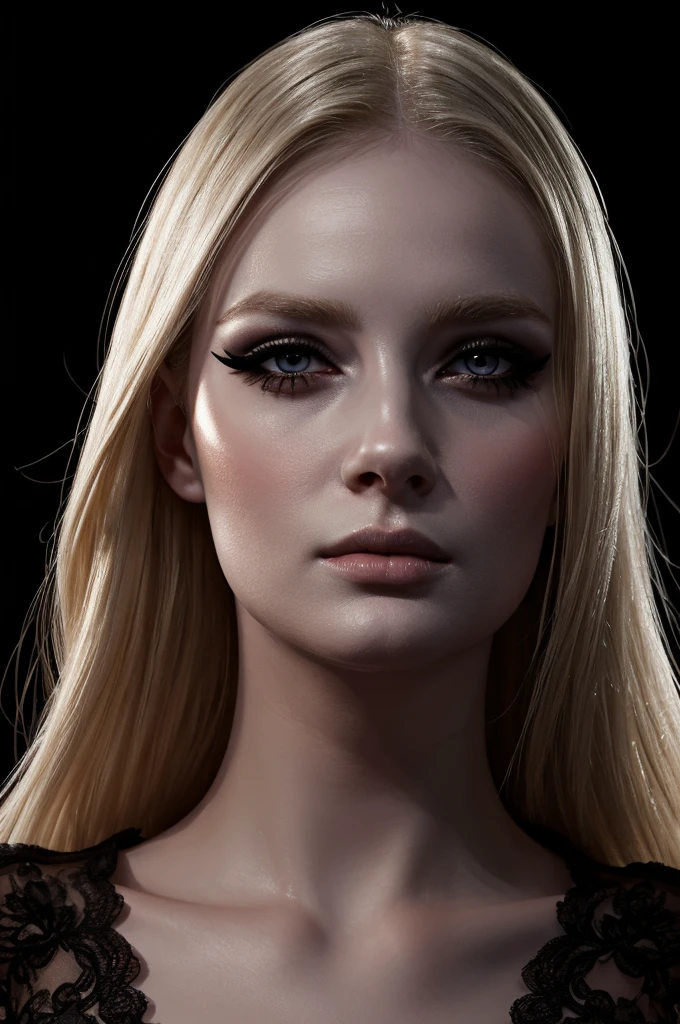 woman pretty, blonde,blackveil,pale,eyeliner,portrait,no-makeup ,full body, makeup ,pale woman painting, eyeliner wonderful highly detailed masterpiece, beautiful light deep focus, elegant, digital painting, smooth, dramatic lighting, ultra realistic, 8k, art , black background,black background, black wallpaper