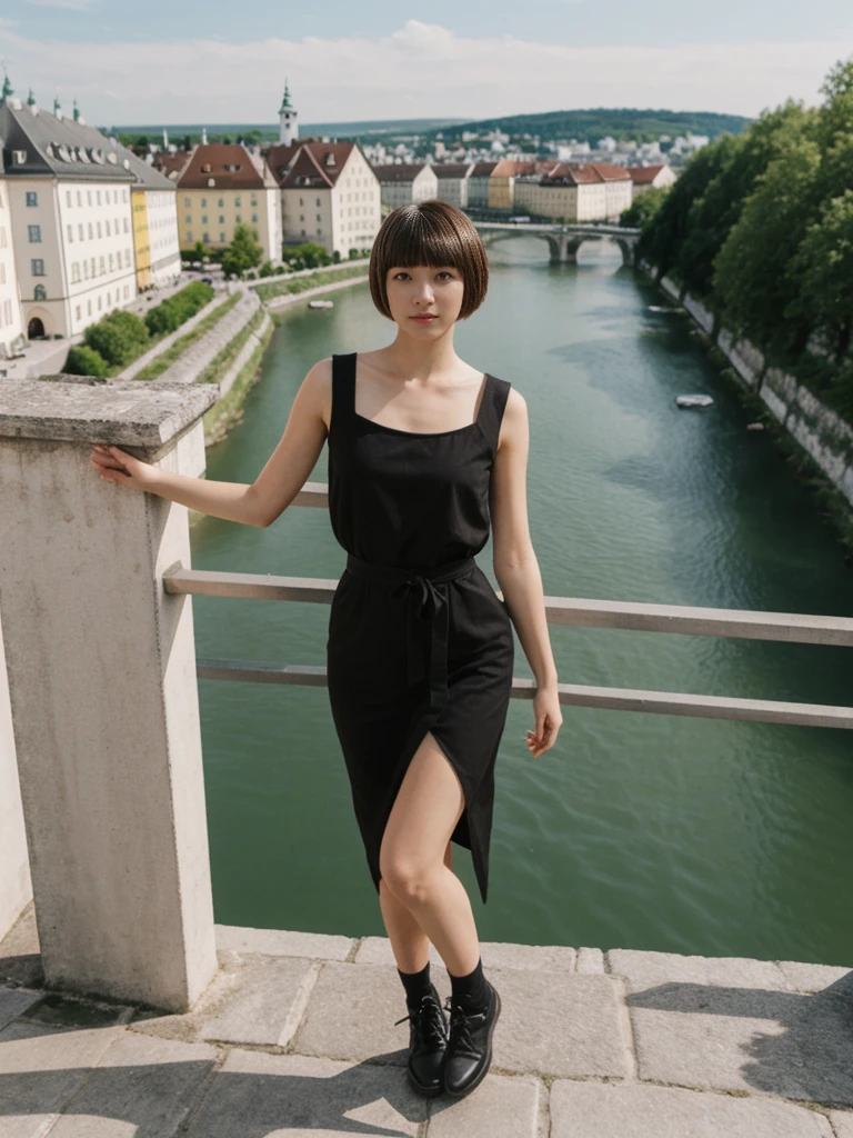 her name is Asako, high quality, 1girl, ((20-year-old fit Caucasian woman)), ((20 years old)), ((slim)), ((Edgy Bowl Cut hair)), pose: standing, wearing edgy Generation-Z modern wear bright colored, BACKGROUND:Your residence is a baroque townhouse with stucco facades and wrought iron railings, overlooking the Salzach River and the Hohensalzburg Fortress.