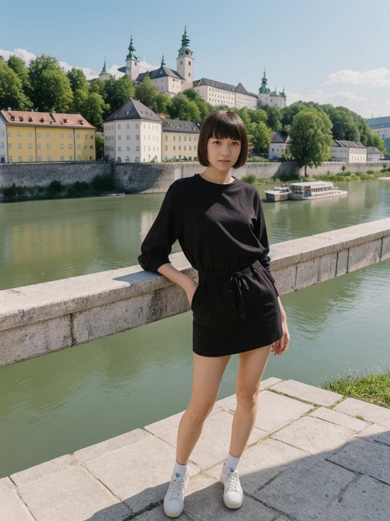 her name is Asako, high quality, 1girl, ((20-year-old fit Caucasian woman)), ((20 years old)), ((slim)), ((Edgy Bowl Cut hair)), pose: standing, wearing edgy Generation-Z modern wear bright colored, BACKGROUND:Your residence is a baroque townhouse with stucco facades and wrought iron railings, overlooking the Salzach River and the Hohensalzburg Fortress.