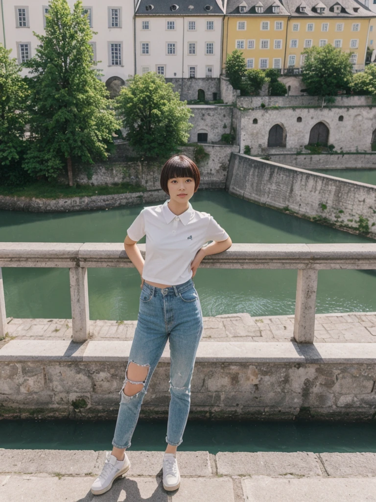 her name is Asako, high quality, 1girl, ((20-year-old fit Caucasian woman)), ((20 years old)), ((slim)), ((Edgy Bowl Cut hair)), pose: standing, wearing edgy Generation-Z modern wear bright colored, BACKGROUND:Your residence is a baroque townhouse with stucco facades and wrought iron railings, overlooking the Salzach River and the Hohensalzburg Fortress.