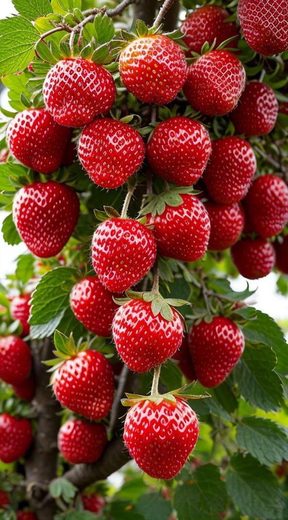 A large cluster of strawberries hangs from the tree, morango, berries inside structure, berries dripping, squashed berries dripping, Outstanding detail, berries, fight with strawberries, Strawberry, “berries, fruit trees, strawberry fields forever, Masterpiece works of art, raspberry, squashed berries, Clear detail, Fruit, author：Robert Brackman, mind-blowing detail