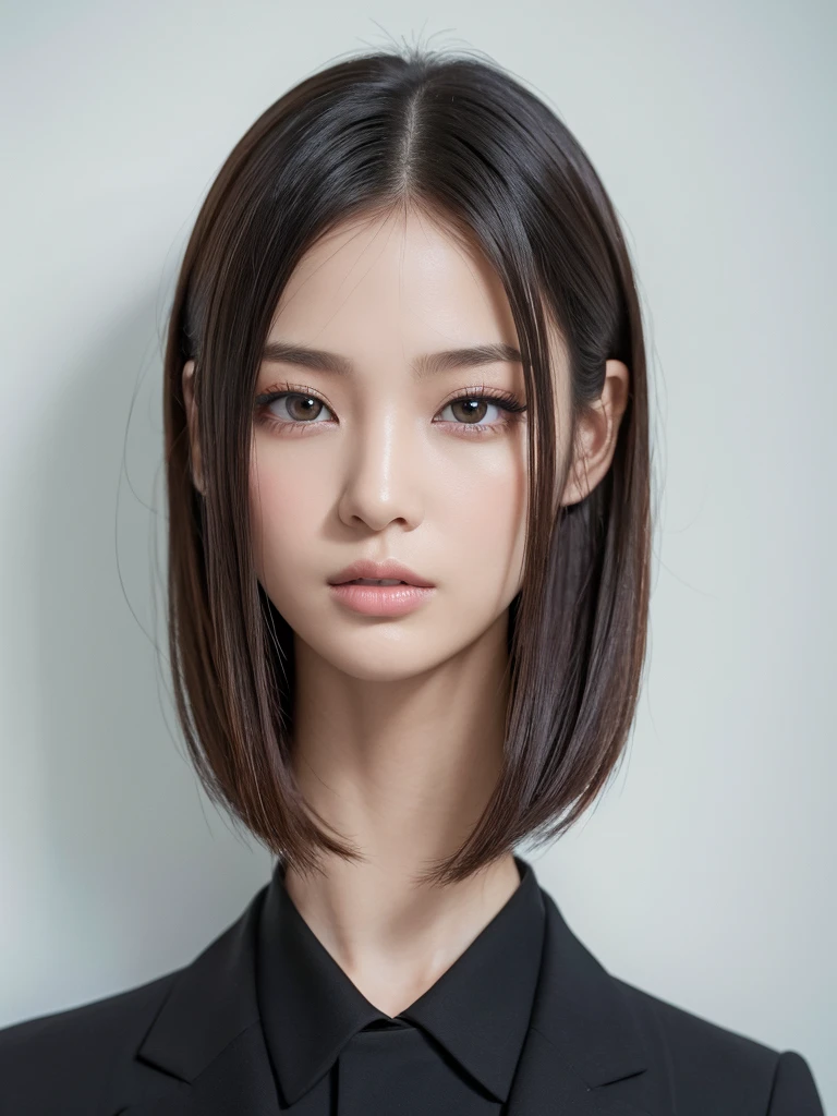 8K, masterpiece, One girl,Bob Hairstyles,Photographed in front of a white wall、Photographed in natural light、Black suit、Top view、super Detailed face, Beautiful Eyes,(Highly realistic photos, High resolution, Detailed face, Beautiful Eyes)、Japanese women, 28 years old, A variety of expressions, Various Hair Styles, Photographed in natural light、Don't look at the camera、profile、Black hair color、Idol's face、Digital SLR、Sophisticated,、Less exposure