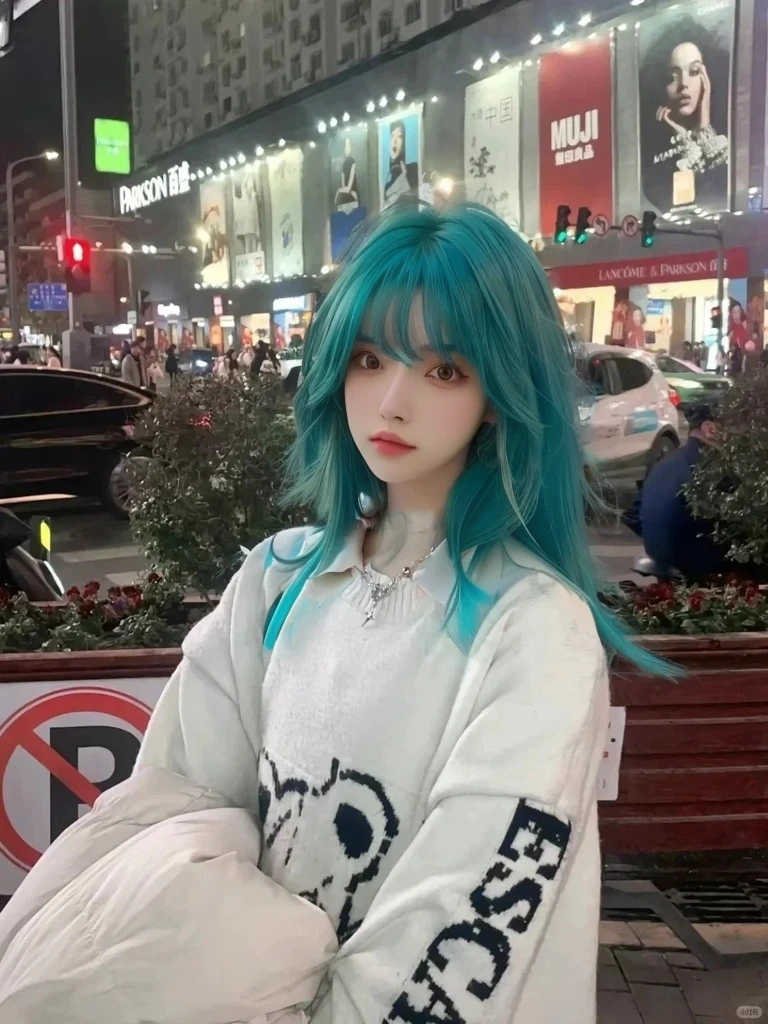 8K high quality,1 woman,Turquoise green hair:1.5