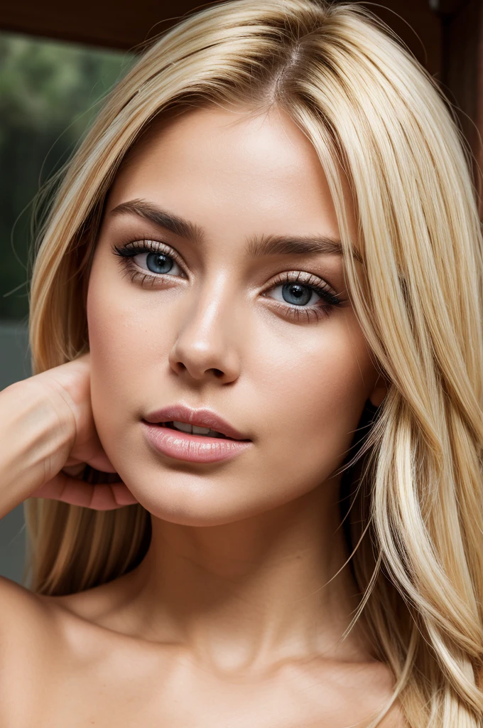 Woman with hand on hair selfie style, Blonde, perfect features, ultra realistic full HD4K