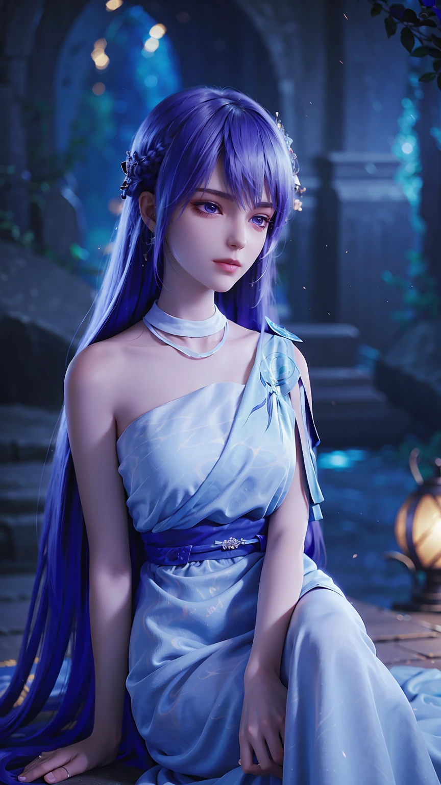 a beautiful young woman with long hair, wearing a nightgown, sitting on a bed, barefoot, in a dress, lying on her side, cross-legged, full body shot, (best quality,4k,8k,highres,masterpiece:1.2),ultra-detailed,(realistic,photorealistic,photo-realistic:1.37),beautiful detailed eyes,beautiful detailed lips,extremely detailed eyes and face,longeyelashes,natural lighting,warm tones,soft focus,portraits,chiaroscuro,depth of field