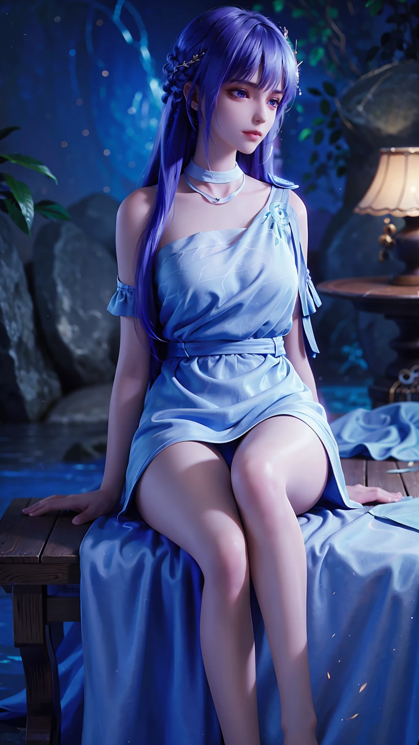 a beautiful young woman with long hair, wearing a nightgown, sitting on a bed, barefoot, in a dress, lying on her side, cross-legged, full body shot, (best quality,4k,8k,highres,masterpiece:1.2),ultra-detailed,(realistic,photorealistic,photo-realistic:1.37),beautiful detailed eyes,beautiful detailed lips,extremely detailed eyes and face,longeyelashes,natural lighting,warm tones,soft focus,portraits,chiaroscuro,depth of field