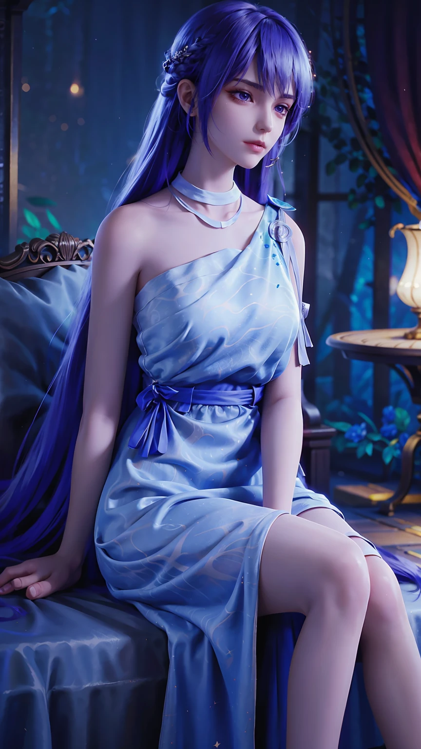 a beautiful young woman with long hair, wearing a nightgown, sitting on a bed, barefoot, in a dress, lying on her side, cross-legged, full body shot, (best quality,4k,8k,highres,masterpiece:1.2),ultra-detailed,(realistic,photorealistic,photo-realistic:1.37),beautiful detailed eyes,beautiful detailed lips,extremely detailed eyes and face,longeyelashes,natural lighting,warm tones,soft focus,portraits,chiaroscuro,depth of field