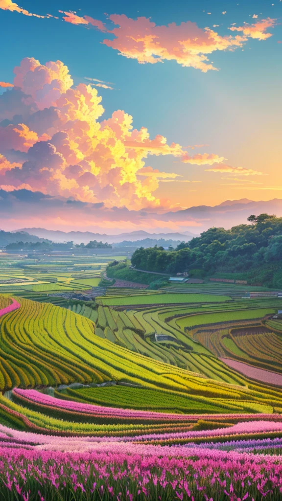 Beautiful sky anime style scene with rice fields and flowers, Country Sky. by Makoto Shinkai, anime art wallpaper 4k, anime art wallpaper 4k, Anime Art Wallpapers 8K, anime wallpaper 4k, anime wallpaper 4k, 4k anime wallpaper, Anime Sky, Awesome Wallpapers, Anime Background, Clear sky in the background, Anime Background art