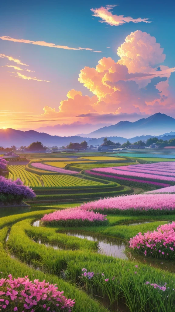 Beautiful sky anime style scene with rice fields and flowers, Country Sky. by Makoto Shinkai, anime art wallpaper 4k, anime art wallpaper 4k, Anime Art Wallpapers 8K, anime wallpaper 4k, anime wallpaper 4k, 4k anime wallpaper, Anime Sky, Awesome Wallpapers, Anime Background, Clear sky in the background, Anime Background art