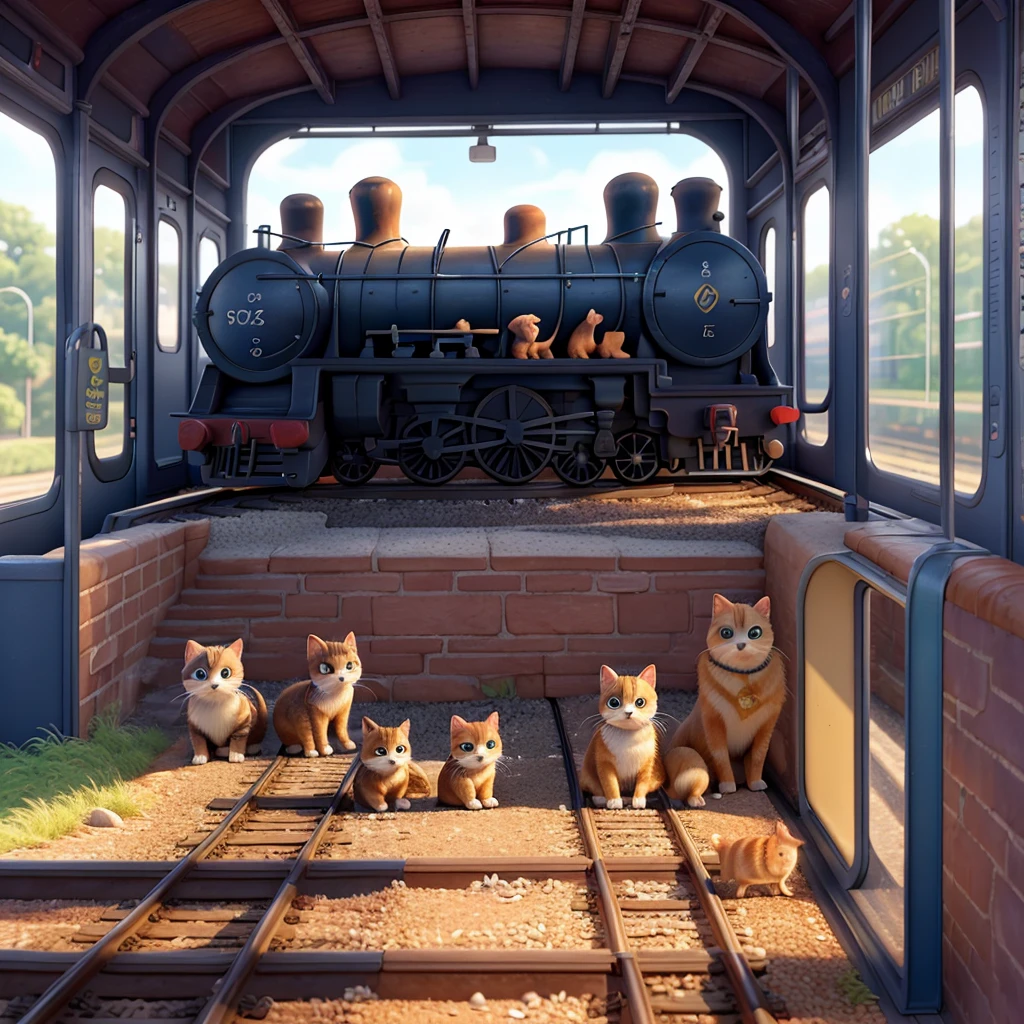 Painting of a magnificent railway station,The train comes into the station,Retro Blackhead Steam The train comes into the station.Detailed watercolor painting,Watercolor painting, CG Association Competition Winners, Socialism, detailed watercolor, Gouache details, Detailed watercolor painting,People waiting for the train at the railway station.Peddler.Station scene. Close up of two kittens in coats on a train track platform..Cute look for traveling with luggage:1.4, bright, Fresh contrast, Beautiful light and shadow .Puppies dressed.No splashing water, Realism, cute dog