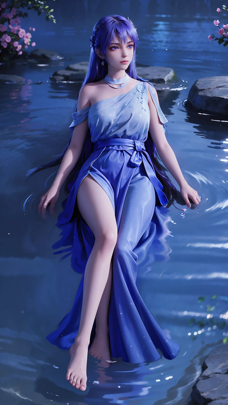 A girl lying on the bed under the stars, delicate smile, beautiful delicate eyes, beautiful delicate lips, extremely delicate face and eyes, long eyelashes, sexy body, flowing hair, best picture quality, famous works, ultra high resolution, (realistic :1.4), RAW photos, (Beautiful face :1.2), (Lying on the water :1.5), 1 girl, (Surreal), (8K), (4K), physical rendering, starry sky, ((full body shot)), barefoot, cross-legged, wearing a dress, long skirt