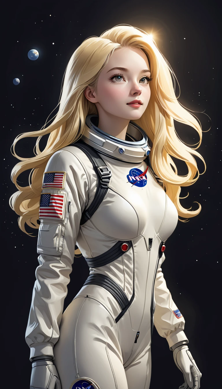 monochromatic、22 years old、woman、Moderate bust、Simple Background、solo、slender、1 person、Superpowers、Small parts floating in the air、Blonde、Long Hair、Upper Body、Gather light between your hands、Retro spacesuit、nasa