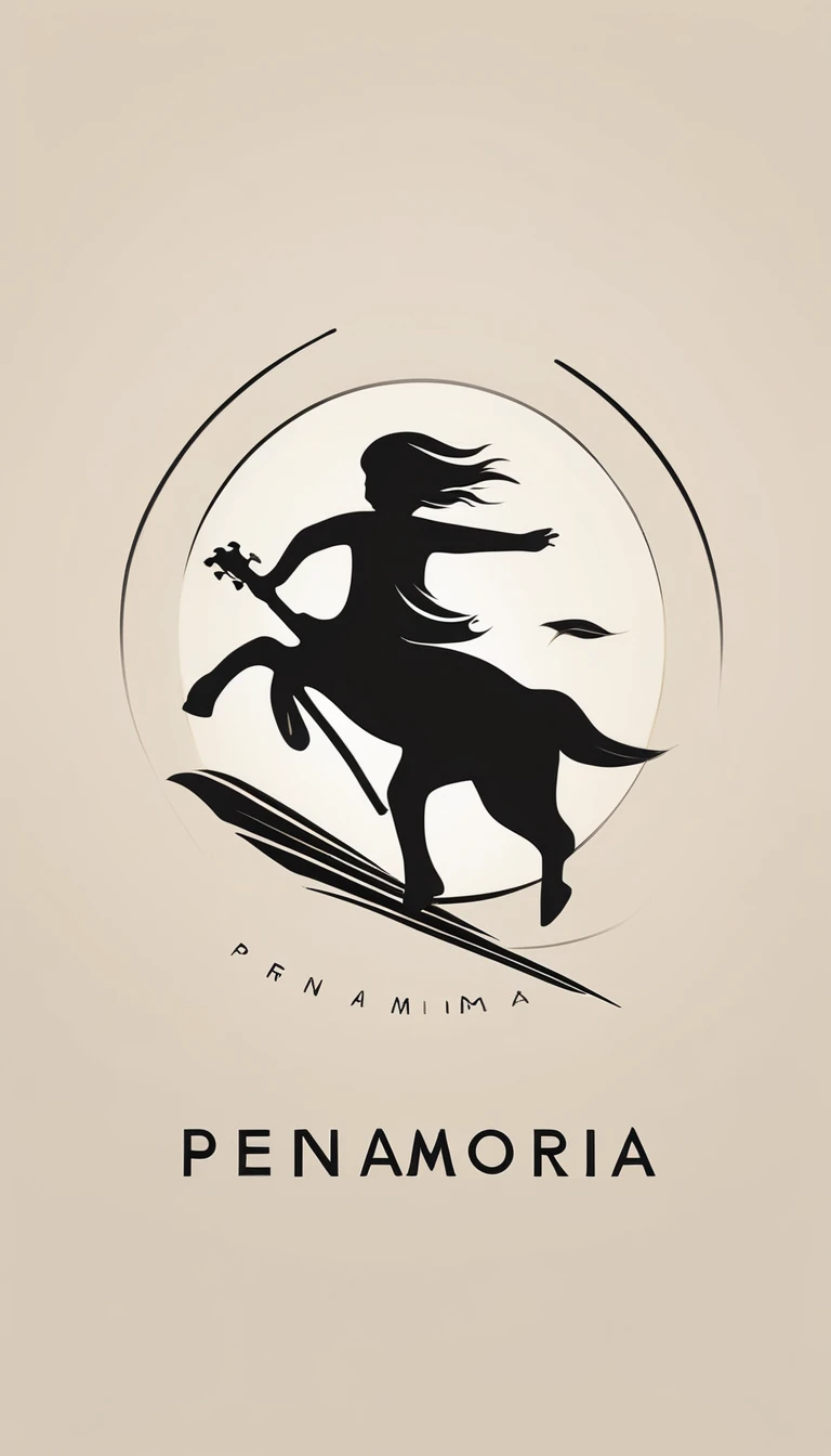 A minimal, modern, simple, cinematic logo design for the brand “Penamemoria". The logo must be a boy running with an acoustic guitar in his right hand. The logo must convey a sense of music, stories and dreams. Logo design impressed on a book cover. Minimalistic logo