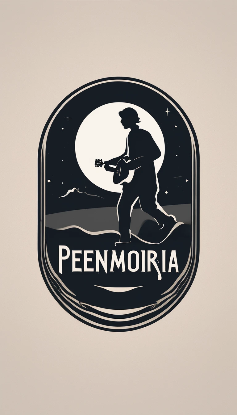 A minimal, modern, simple, cinematic logo design for the brand “Penamemoria". The logo must be a boy running with an acoustic guitar in his right hand. The logo must convey a sense of music, stories and dreams. Logo design impressed on a book cover. Minimalistic logo