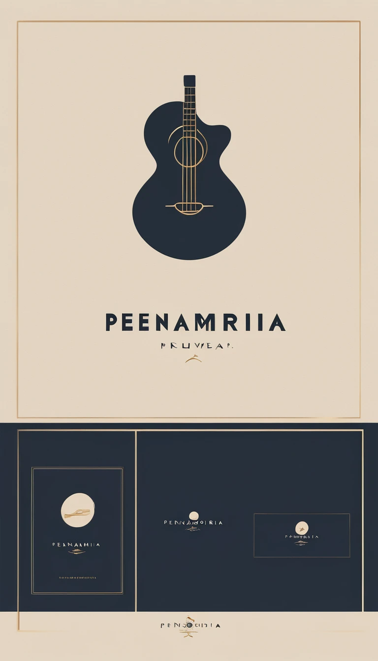 A minimal, modern, simple, cinematic logo design for the brand “Penamemoria". The logo must be a boy running with an acoustic guitar in his right hand. The logo must convey a sense of music, stories and dreams. Logo design impressed on a book cover. Minimalistic logo