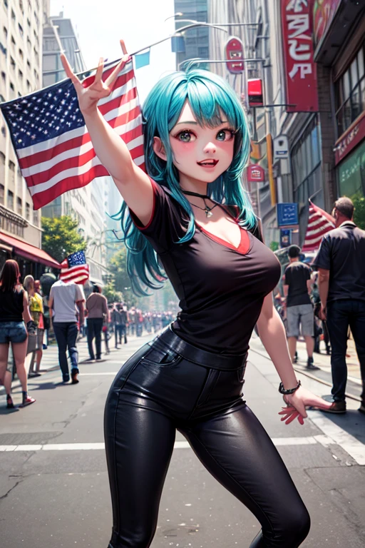 ((best quality)), cartoon, many friendly monsters on street (group photo cartoon) waving American flags