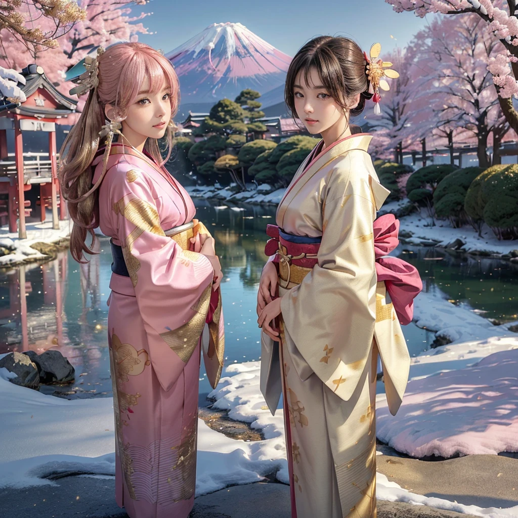((8K, RAW Photos, Highest quality, masterpiece)),((Showing the kimono from the obi up:1.5)), High-resolution RAW color photos、
Professional close-up photography, (Realistic, フォトrealism: 1.37),
(Highest quality), (Best Shadow), (Best illustrations),
High-quality images、Skin Radiance、Texture of skin and clothing、
Expression of fine eyes、Shiny Hair,Long Hair Girl, Manga inspired by Lee Jong-suk,
Trending on deviantart, realism, detailed manga style, Manga art style,
Perfect Line Drawing, Beautiful line art, digital manga art girl, K-POPアイドル, dress,
Beautiful brown eyes, Fuller lips, Gorgeous face with attention to detail,
(Cute Smile), attractive, Innocent, (Perfectly detailed face),
(Detailed and carefully drawn hand) Photorealistic images, Written boundary depth,
Japanese style princess cut hairstyle,
best quality, masterpiece, New Year,
((Kimono with strikingly beautiful colorful colors,red,pink,gold:1.7)),
Three Japanese high-school cute girls, ((looking straight)),
gently smiling,
((upper arms hidden by clothes and hair)),
(innocent and pure high-school-girls:1.7)
((white short scarf)), ((white feather shawl)),
(separately side by side:1.4),
shrine background, (mount Fuji:1.3), ((snow))
winter(season), (outdoors:1.5)