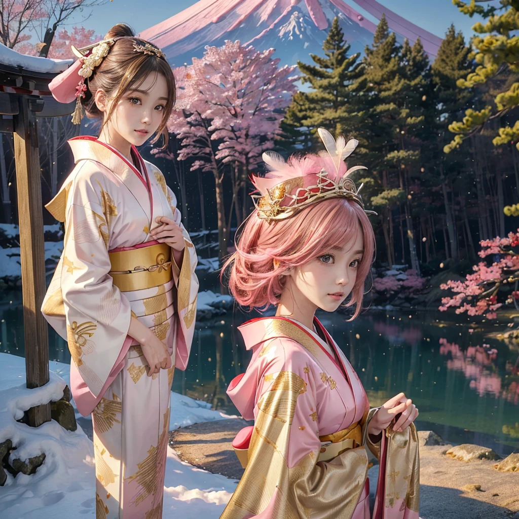((8K, RAW Photos, Highest quality, masterpiece)),((Showing the kimono from the obi up:1.5)), High-resolution RAW color photos、
Professional close-up photography, (Realistic, フォトrealism: 1.37),
(Highest quality), (Best Shadow), (Best illustrations),
High-quality images、Skin Radiance、Texture of skin and clothing、
Expression of fine eyes、Shiny Hair,Long Hair Girl, Manga inspired by Lee Jong-suk,
Trending on deviantart, realism, detailed manga style, Manga art style,
Perfect Line Drawing, Beautiful line art, digital manga art girl, K-POPアイドル, dress,
Beautiful brown eyes, Fuller lips, Gorgeous face with attention to detail,
(Cute Smile), attractive, Innocent, (Perfectly detailed face),
(Detailed and carefully drawn hand) Photorealistic images, Written boundary depth,
Japanese style princess cut hairstyle,
best quality, masterpiece, New Year,
((Kimono with strikingly beautiful colorful colors,red,pink,gold:1.7)),
Three Japanese high-school cute girls, ((looking straight)),
gently smiling,
((upper arms hidden by clothes and hair)),
(innocent and pure high-school-girls:1.7)
((white short scarf)), ((white feather shawl)),
(separately side by side:1.4),
shrine background, (mount Fuji:1.3), ((snow))
winter(season), (outdoors:1.5)