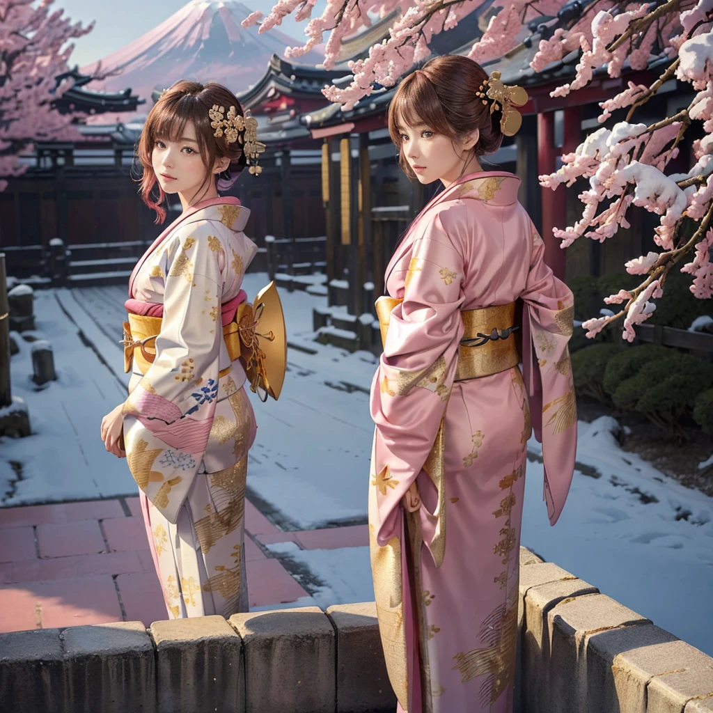 ((8K, RAW Photos, Highest quality, masterpiece)),((Showing the kimono from the obi up:1.5)), High-resolution RAW color photos、
Professional close-up photography, (Realistic, フォトrealism: 1.37),
(Highest quality), (Best Shadow), (Best illustrations),
High-quality images、Skin Radiance、Texture of skin and clothing、
Expression of fine eyes、Shiny Hair,Long Hair Girl, Manga inspired by Lee Jong-suk,
Trending on deviantart, realism, detailed manga style, Manga art style,
Perfect Line Drawing, Beautiful line art, digital manga art girl, K-POPアイドル, dress,
Beautiful brown eyes, Fuller lips, Gorgeous face with attention to detail,
(Cute Smile), attractive, Innocent, (Perfectly detailed face),
(Detailed and carefully drawn hand) Photorealistic images, Written boundary depth,
Japanese style princess cut hairstyle,
best quality, masterpiece, New Year,
((Kimono with strikingly beautiful colorful colors,red,pink,gold:1.7)),
Three Japanese high-school cute girls, ((looking straight)),
gently smiling,
((upper arms hidden by clothes and hair)),
(innocent and pure high-school-girls:1.7)
((white short scarf)), ((white feather shawl)),
(separately side by side:1.4),
shrine background, (mount Fuji:1.3), ((snow))
winter(season), (outdoors:1.5)