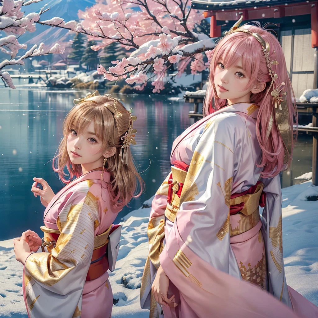 ((8K, RAW Photos, Highest quality, masterpiece)),((Showing the kimono from the obi up:1.5)), High-resolution RAW color photos、
Professional close-up photography, (Realistic, フォトrealism: 1.37),
(Highest quality), (Best Shadow), (Best illustrations),
High-quality images、Skin Radiance、Texture of skin and clothing、
Expression of fine eyes、Shiny Hair,Long Hair Girl, Manga inspired by Lee Jong-suk,
Trending on deviantart, realism, detailed manga style, Manga art style,
Perfect Line Drawing, Beautiful line art, digital manga art girl, K-POPアイドル, dress,
Beautiful brown eyes, Fuller lips, Gorgeous face with attention to detail,
(Cute Smile), attractive, Innocent, (Perfectly detailed face),
(Detailed and carefully drawn hand) Photorealistic images, Written boundary depth,
Japanese style princess cut hairstyle,
best quality, masterpiece, New Year,
((Kimono with strikingly beautiful colorful colors,red,pink,gold:1.7)),
Three Japanese high-school cute girls, ((looking straight)),
gently smiling,
((upper arms hidden by clothes and hair)),
(innocent and pure high-school-girls:1.7)
((white short scarf)), ((white feather shawl)),
(separately side by side:1.4),
shrine background, (mount Fuji:1.3), ((snow))
winter(season), (outdoors:1.5)