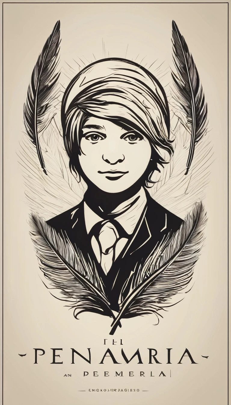 Design a logo that captures the magic of storytelling and the importance of memory, encapsulating the brand 'Penamemoria'. The logo should be simple, memorable, timeless, and versatile, working well in both print and digital formats. Should include the face of a boy and a bird feather