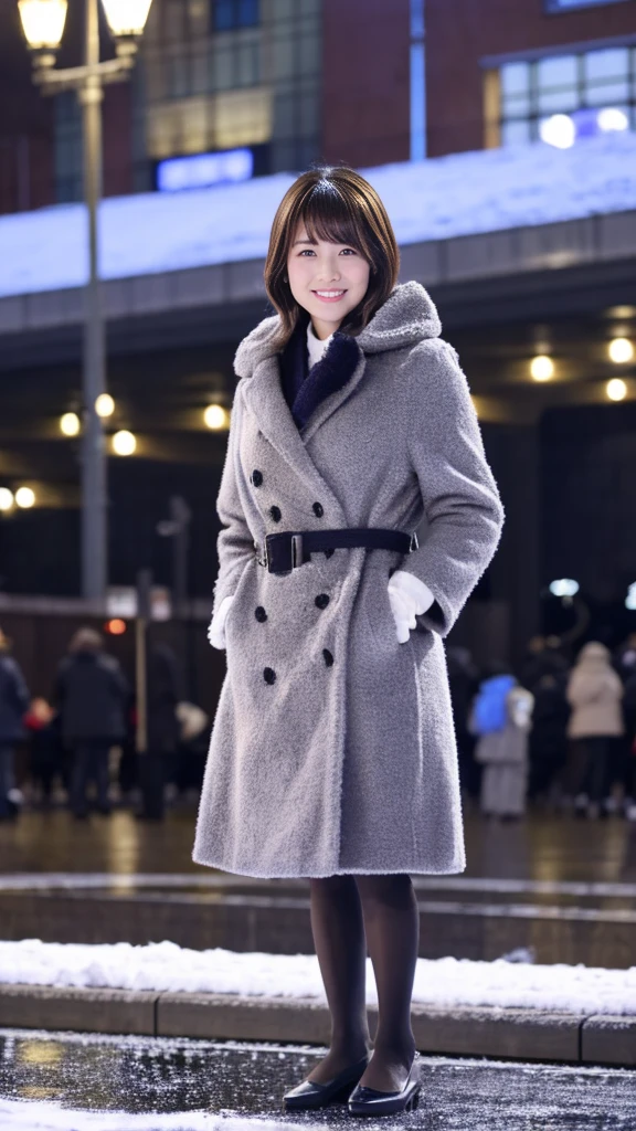 A full-body photo of a cute Japanese weather forecaster wearing a cute closed-front coat,Medium Hair, pumps,A girl broadcasting live with a microphone,Broadcasting with a microphone outdoors in Tokyo in winter,Standing in front of Tokyo Station,wearing pumps and black tights,masterpiece,ultra detail face