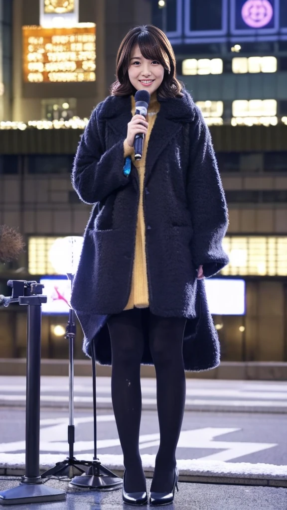 A full-body photo of a cute Japanese weather forecaster wearing a cute closed-front coat,Medium Hair, pumps,A girl broadcasting live with a microphone,Broadcasting with a microphone outdoors in Tokyo in winter,Standing in front of Tokyo Station,wearing pumps and black tights,masterpiece,ultra detail face