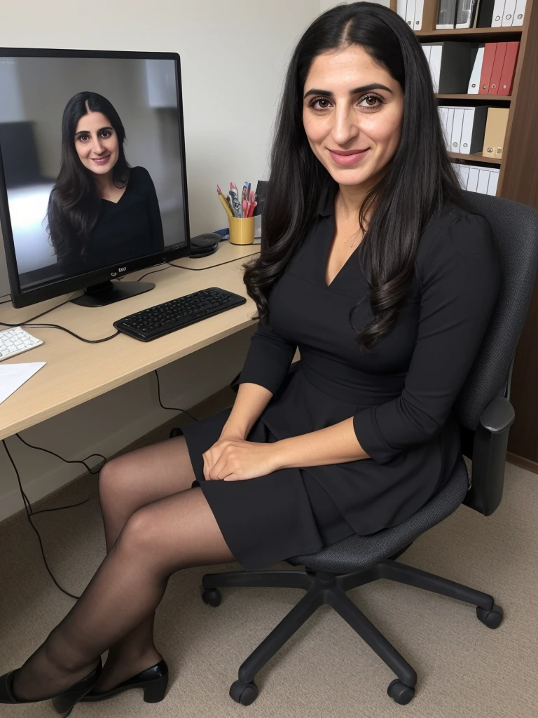 her name is Fatima, a middle-aged Syrian woman, (((snub nose))), (30 years old), (wrinkles), 1girl, solo, (black long hair), smile, wearing peplum dress inside her office, sitting, wide shot, upper body and upper legs
