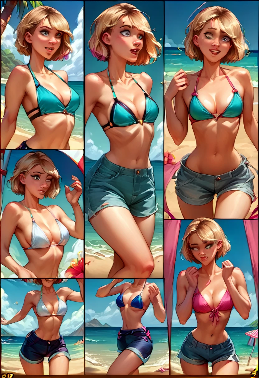 score_9, score_8_up, score_8_up, source_cartoon, (comic, sequence, 8-panel:1.5), detailed soft lighting,1girl, (short hair Gwen Stacy:1.0), cleavage, bikini top, shorts, beach, outdoors, model poses, smiling, beautiful eyes, open eyes, (masterpiece, best quality, highly detailed, beautiful).